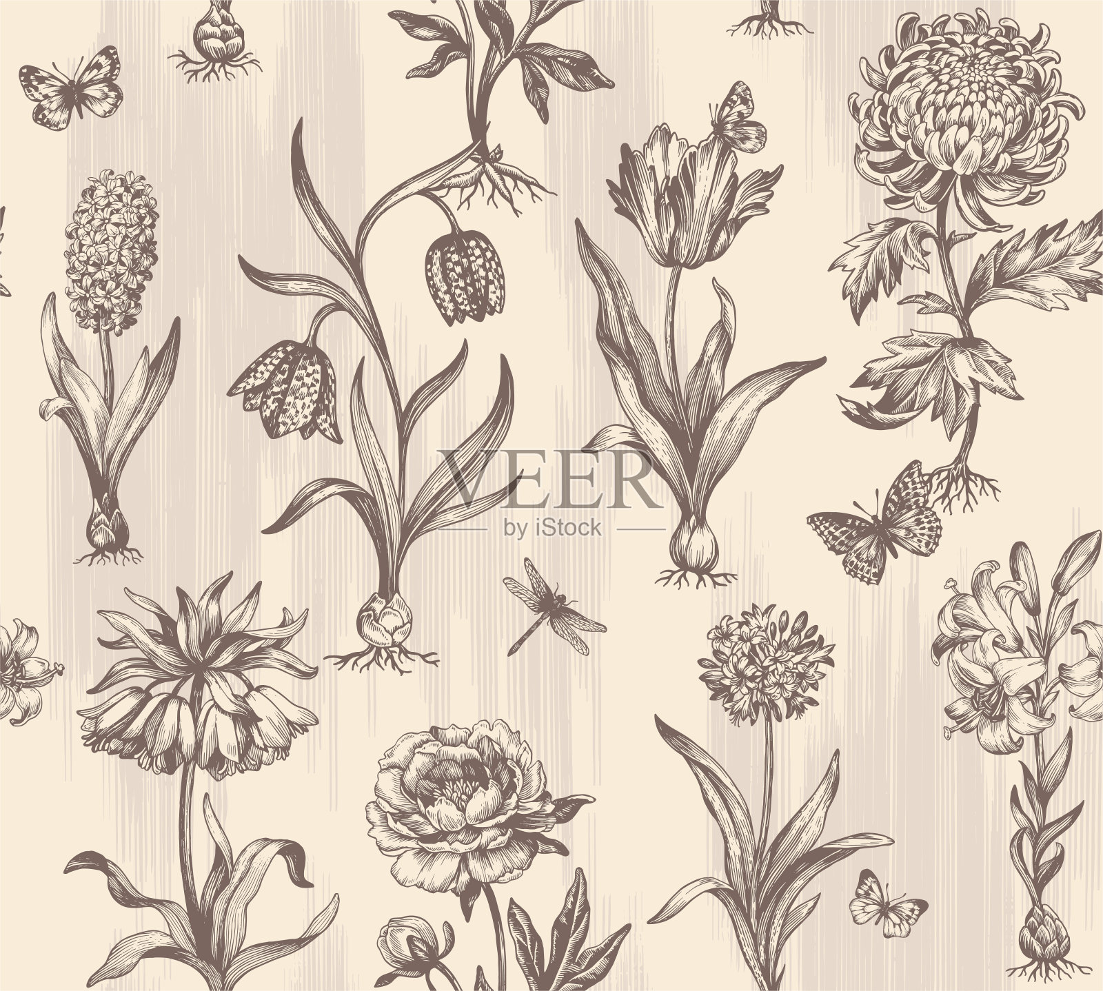 花维多利亚无缝图案的包装纸，纺织品和壁纸。手绘植物草图。黑白笔画。刻花复古风格。矢量插图。插画图片素材