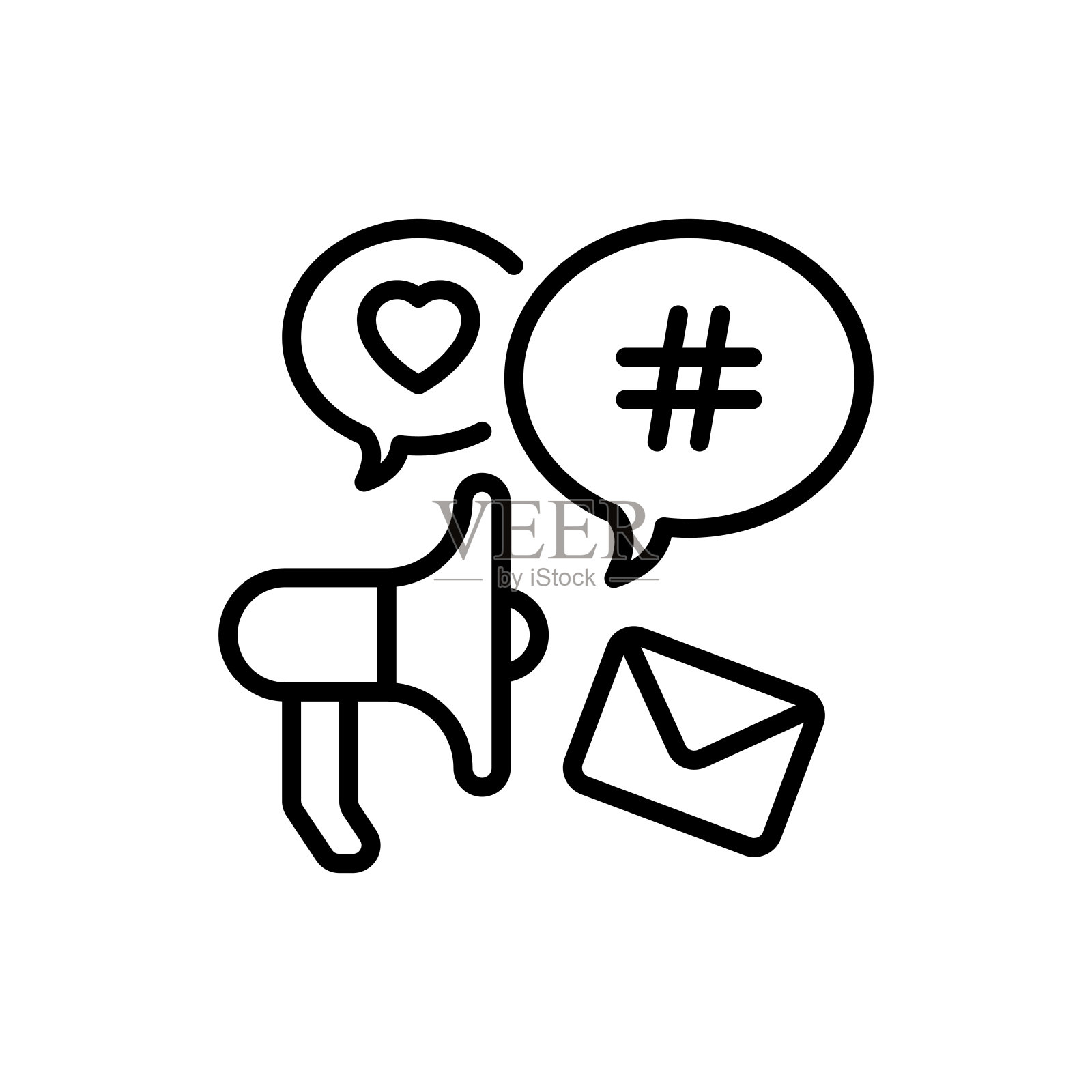 社交媒体营销细线图标:带有语音气泡的扩音器，其中包含标签、电子邮件、爱心。数字策略。矢量插图。图标素材