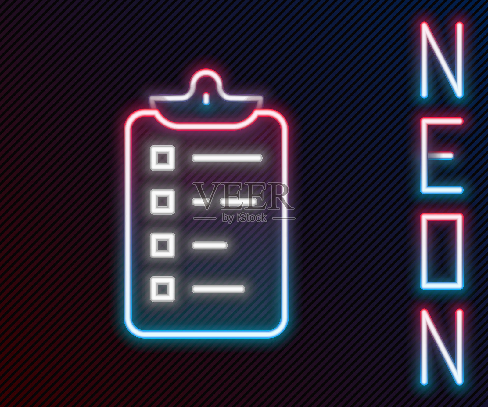 发光的霓虹线购物清单图标孤立的黑色背景。色彩缤纷的轮廓概念。向量插画图片素材