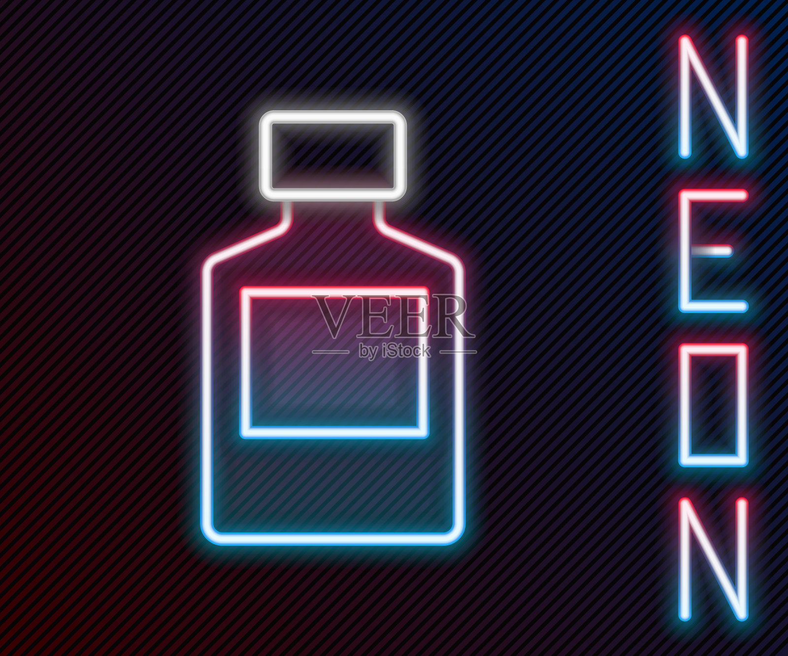 发光的霓虹线威士忌酒瓶图标孤立的黑色背景。色彩缤纷的轮廓概念。向量插画图片素材