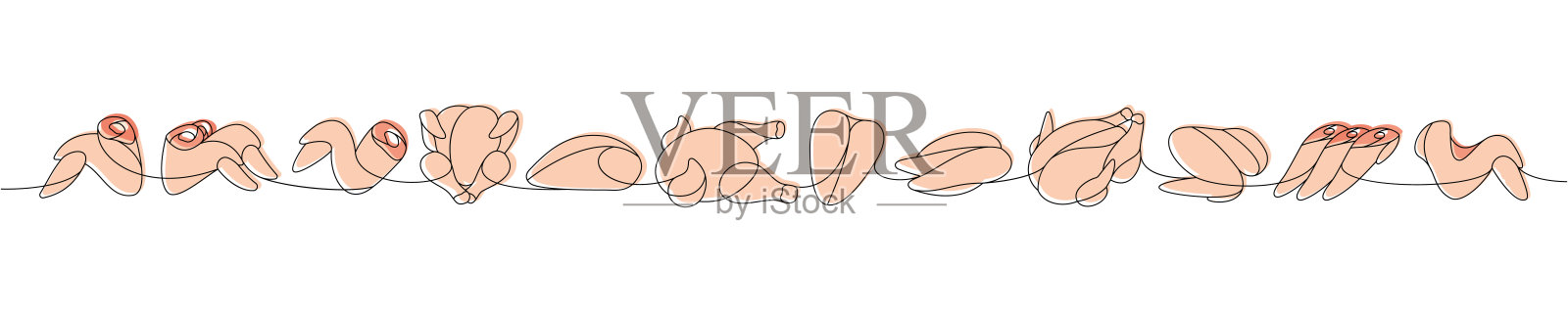 鸡肉生一条线彩色连续绘制。生鸡肉各部位连续一行插图。矢量极简线性插图。插画图片素材