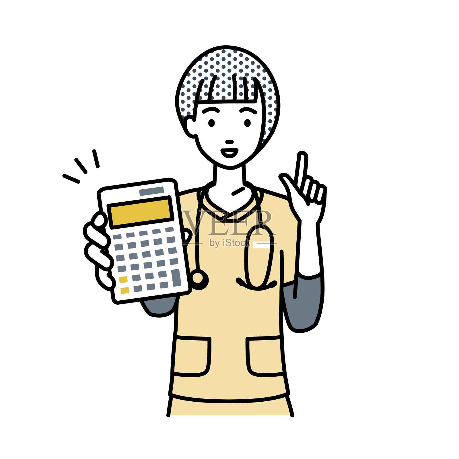 一名护士面带微笑地推荐、提议、展示估价并指着计算器插画图片素材