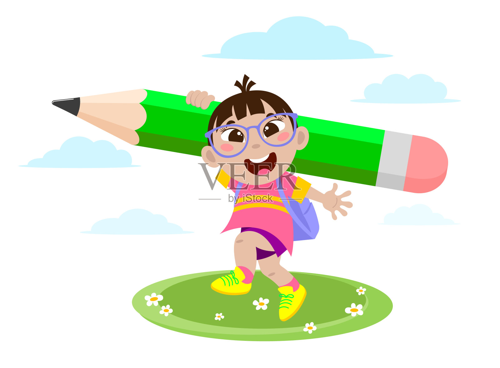 一个愉快的男生肩上扛着一支铅笔在草坪上跳来跳去插画图片素材