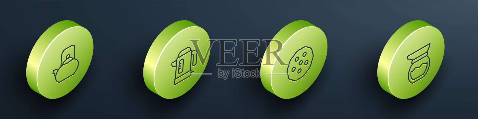 设置等距线茶壶与手柄，电水壶，饼干或饼干和茶壶图标。向量图标素材