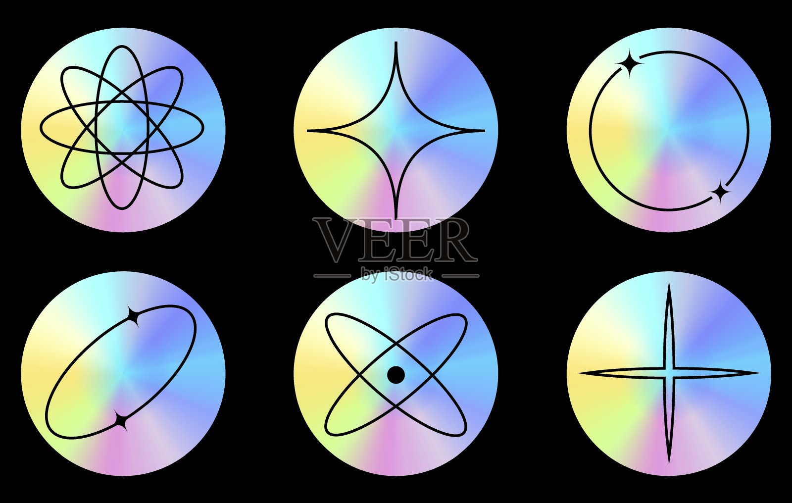 全息狂欢箔y2k集抽象新潮贴纸，带刺铁丝网，酷狂欢梦幻符号矢量图形与纹理箔效果。插画图片素材