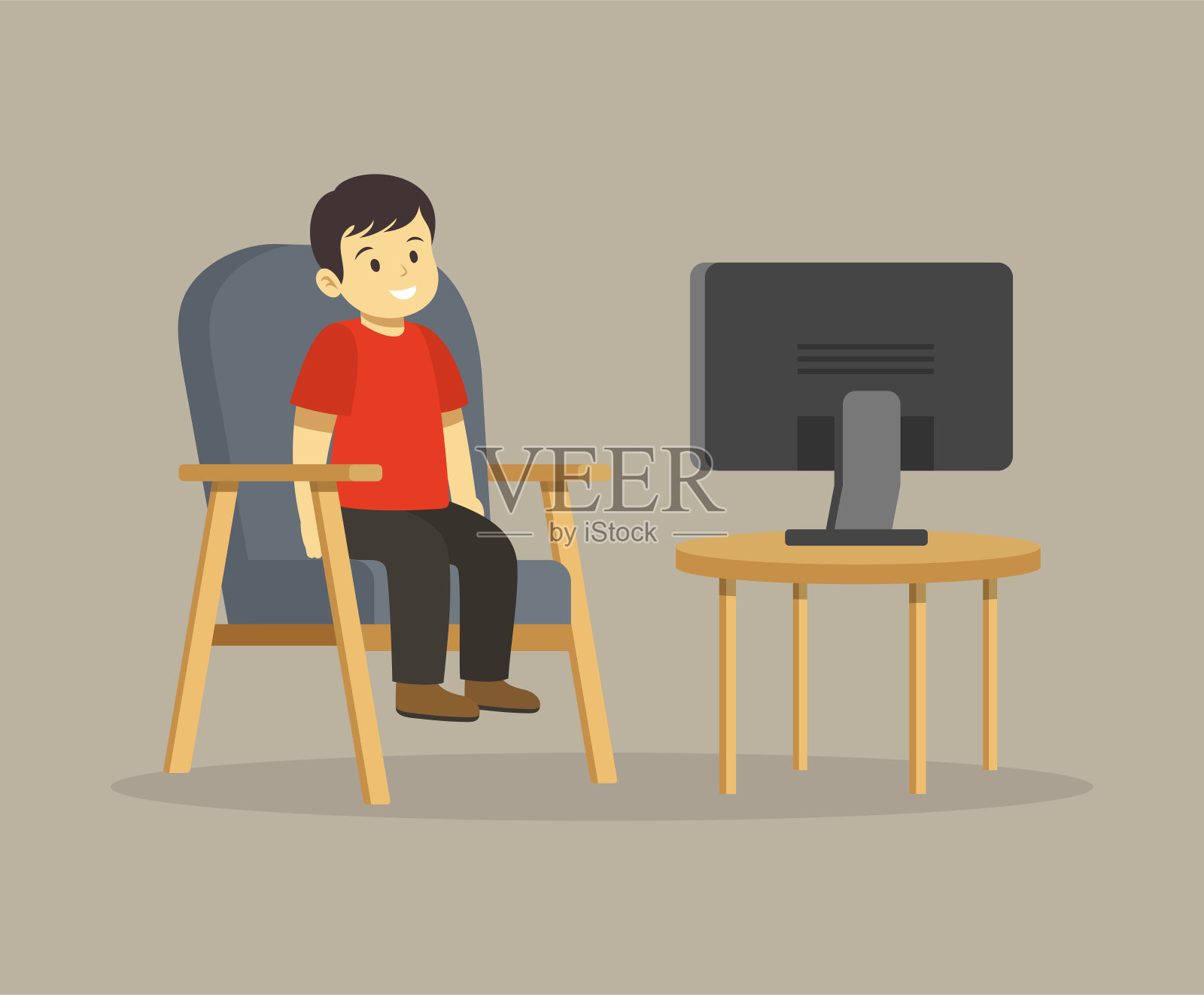 孤立的男孩坐在扶手椅上看电视或显示器。插画图片素材