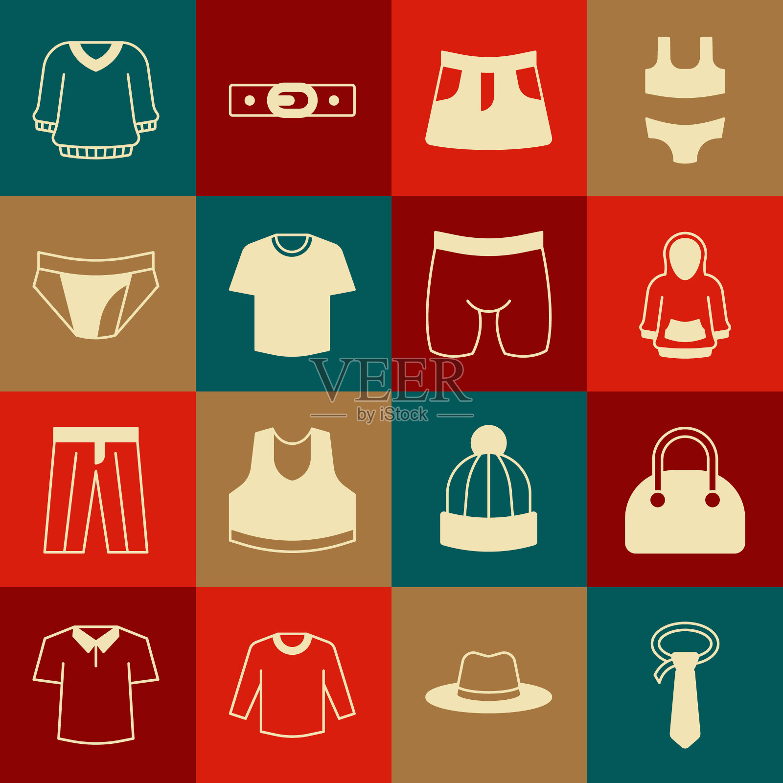 集领带，手袋，帽衫，裙子，t恤，男子内裤，毛衣和自行车短裤图标。向量插画图片素材