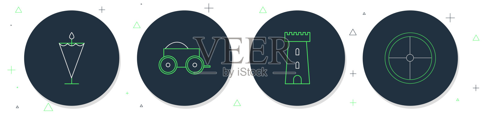 设置线木制四轮车，城堡塔，中世纪旗帜和圆形木盾图标。向量插画图片素材
