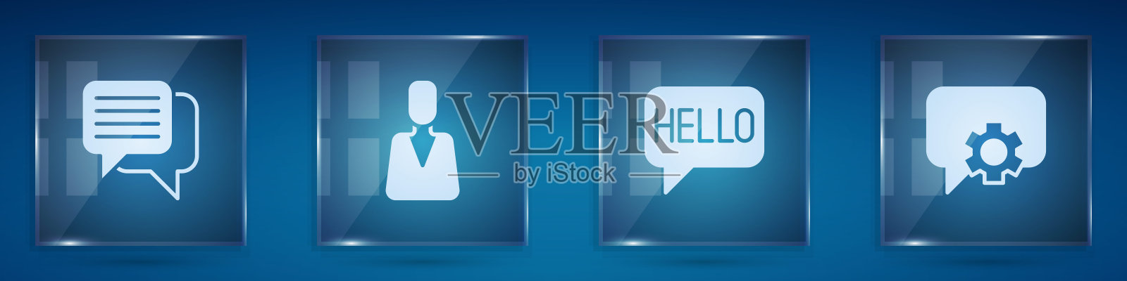 设置语音泡泡聊天，员工，你好在不同的语言和电话24小时支持。方形玻璃板。向量插画图片素材