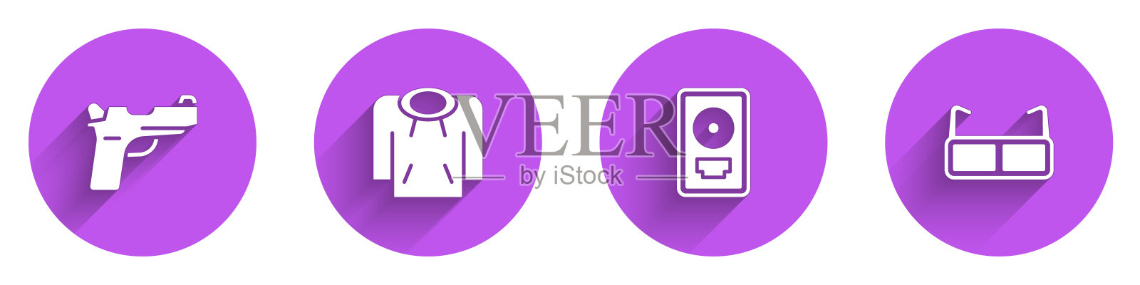 集手枪或枪，帽衫，CD盘奖在框架和眼镜图标长阴影。向量插画图片素材