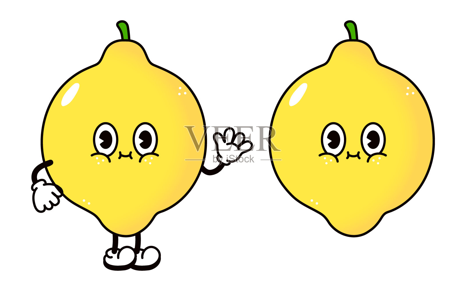 可爱有趣的柠檬挥手的角色。矢量手绘传统卡通复古，复古，卡哇伊人物插图图标。孤立在白色背景上。柠檬人物概念插画图片素材