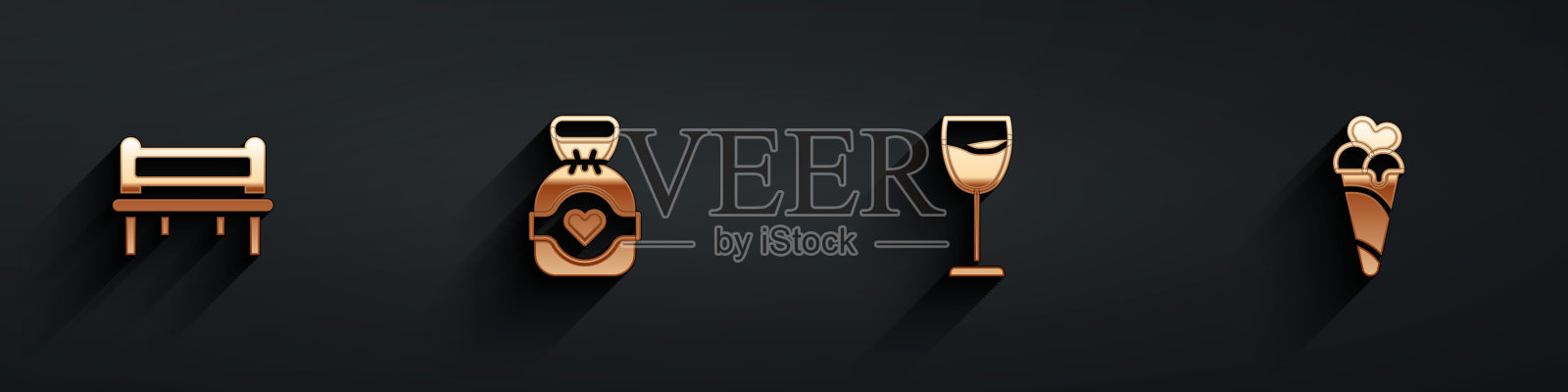 集浪漫长椅，巧克力糖果，酒杯和冰淇淋华夫蛋筒图标与长阴影。向量图标素材