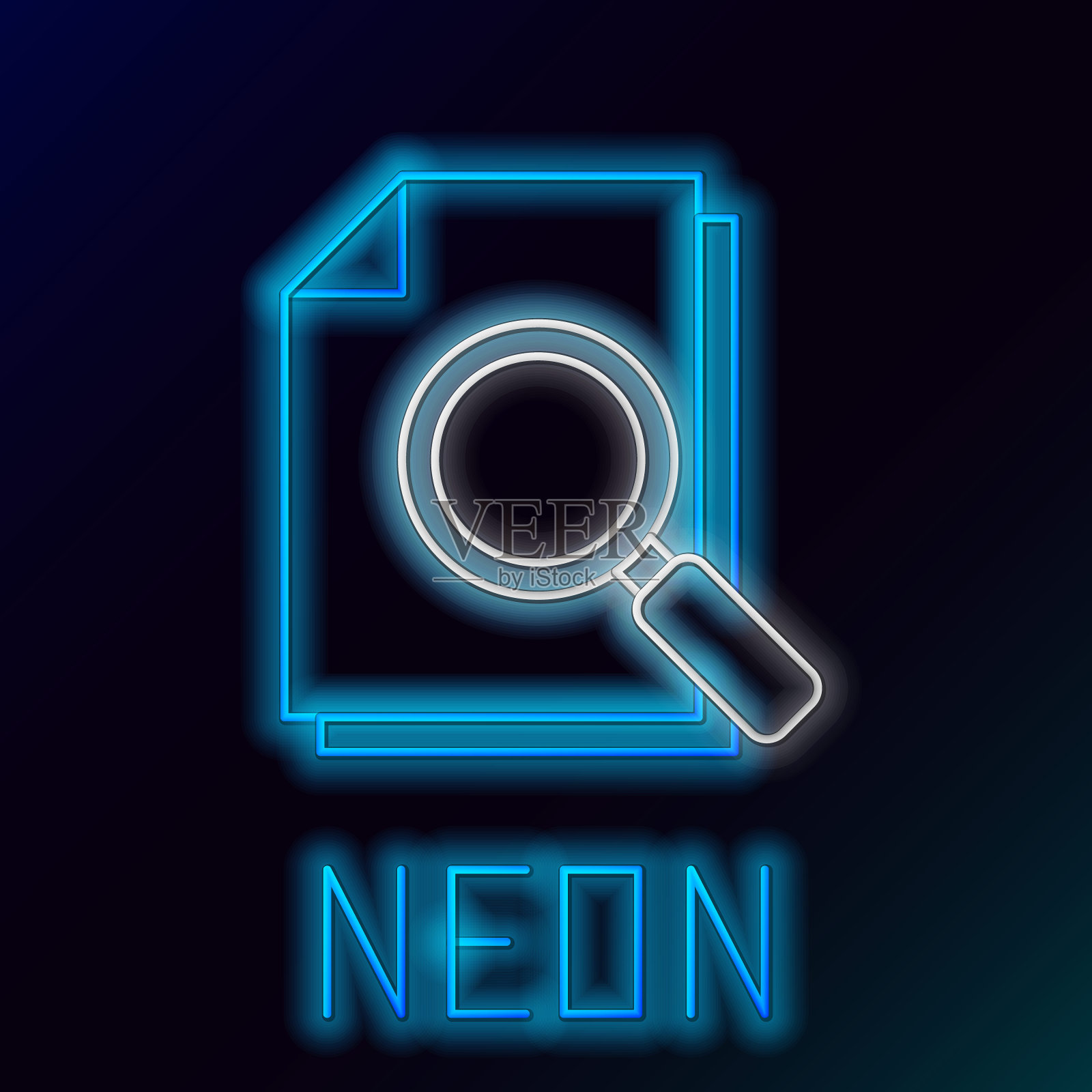 发光的霓虹灯线文档与搜索图标孤立的黑色背景。文件和放大镜图标。分析研究标志。色彩缤纷的轮廓概念。向量插画图片素材