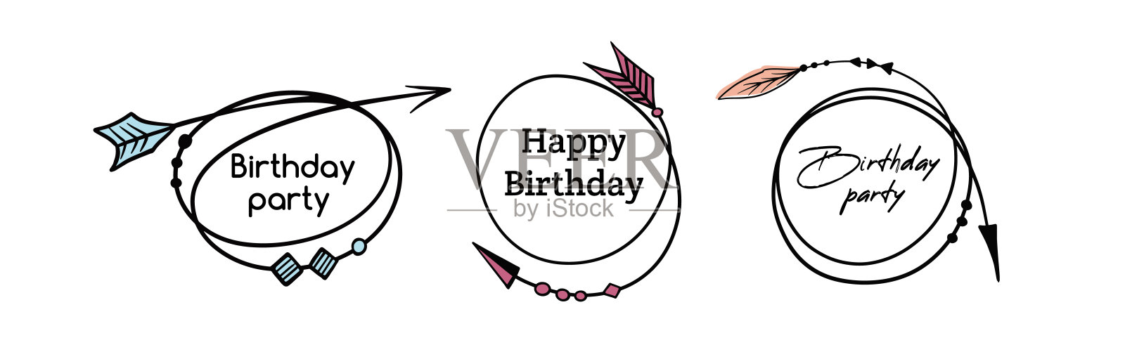 在波希米亚风格的水彩背景上写生日快乐。现代书法短语与手画箭头和羽毛。嬉皮士语录集。插画图片素材