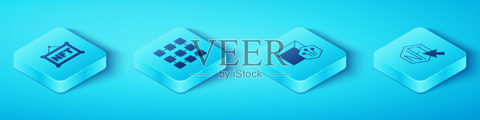 设置等距NFT数字加密艺术，区块链技术和图标。向量插画图片素材