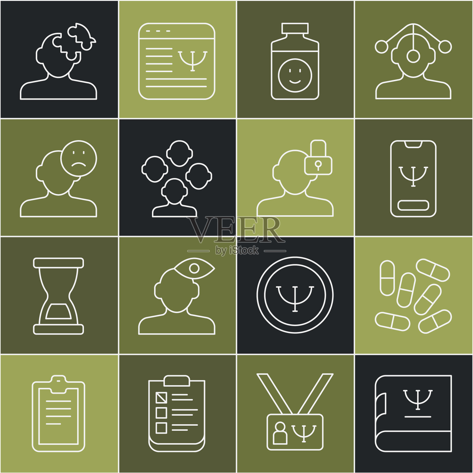 心理学书籍、在线心理咨询、抗抑郁药、精神分裂症、悲伤和沮丧的人、不良情绪、问题解决心理学和封闭性格图标矢量素材图标素材