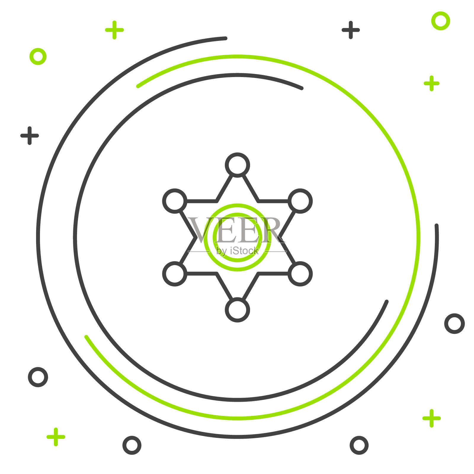 线六角形警长图标隔离在白色背景。警徽图标。色彩缤纷的轮廓概念。向量插画图片素材