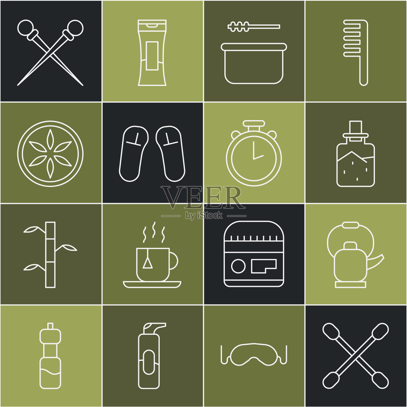 集线棉签耳朵，水壶与手柄，水疗盐，桑拿桶勺，拖鞋，叶植物性质，针织针和秒表图标。向量图标素材