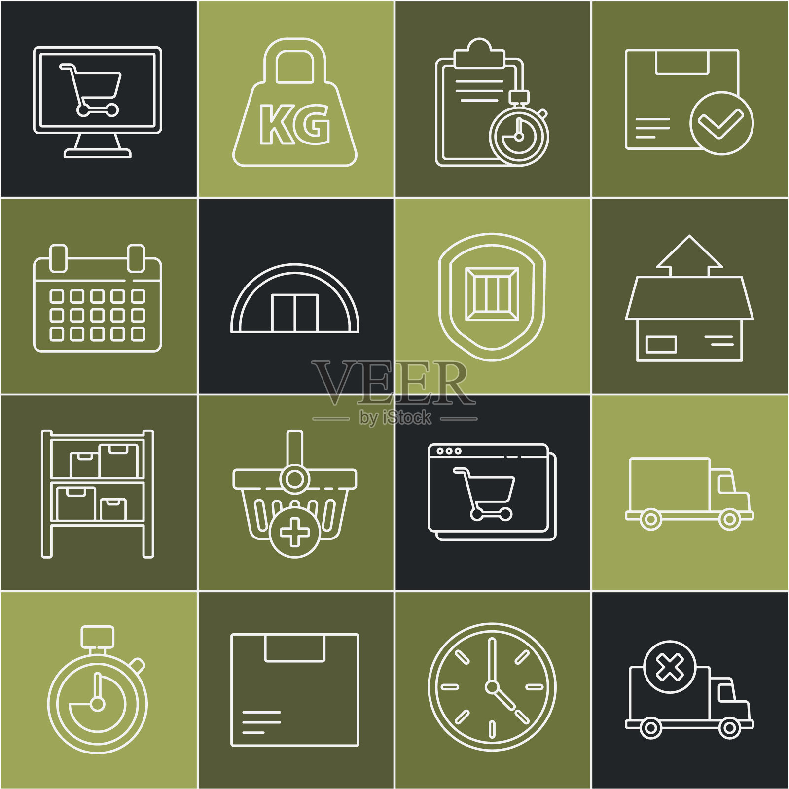 设置线路运输货车，纸箱纸箱，验证运输清单剪贴板，仓库，日历，购物车电脑和安全盾牌图标。向量图标素材