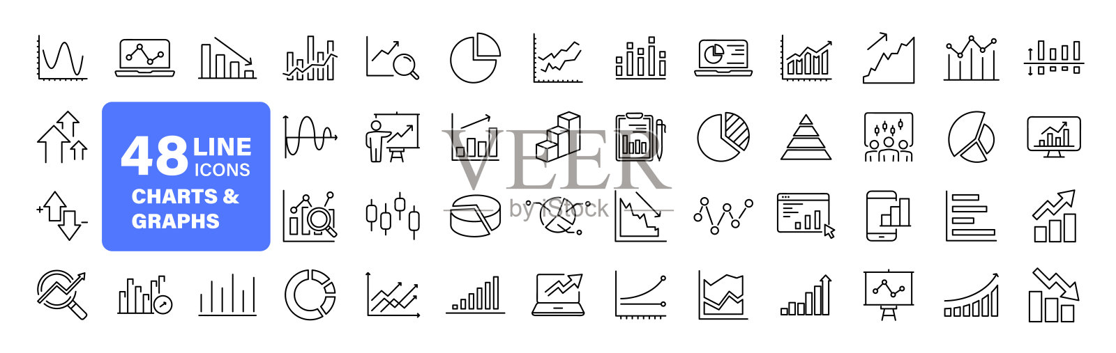 图形和图形集的网络图标在线的风格。图表和图表图标的网络和移动应用程序。业务信息图，图表，统计，增长，增长条形图和更多。矢量图图标素材