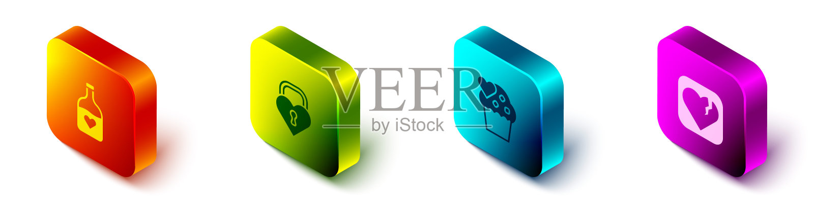 集等距瓶与爱情药水，城堡在心脏的形状，婚礼蛋糕和破碎或离婚图标。向量图标素材