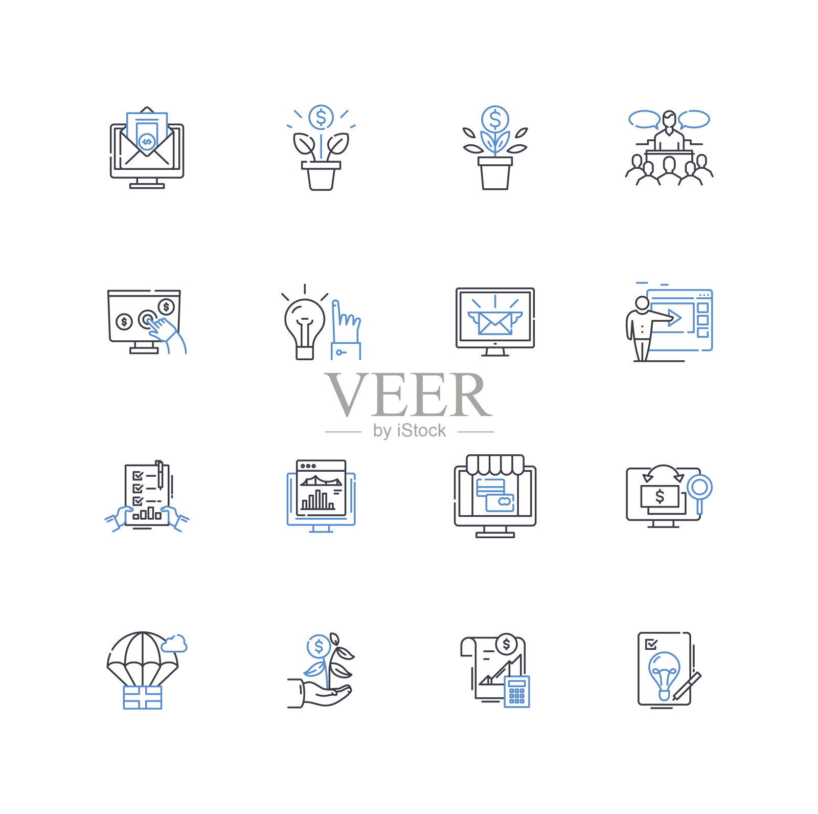 Bloom启动线图标集合。Facebook，公告，发布，技术，创新，市场，社区矢量和线性插图。平台、投资、创业纲要标牌设置图标素材