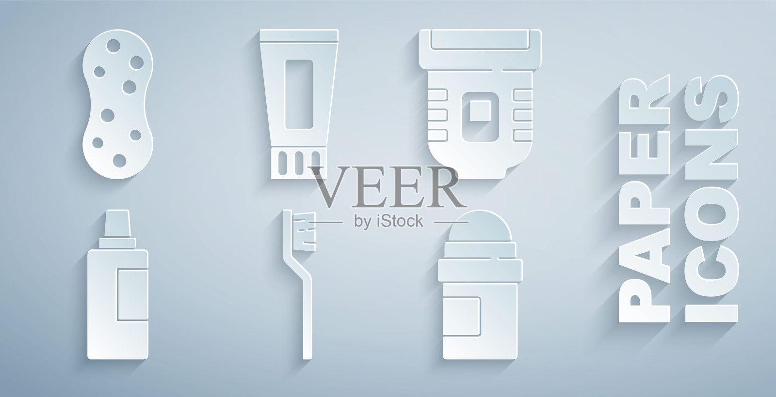 套装牙刷，脱毛器，瓶清洗剂，止汗除臭剂卷，牙膏管和海绵图标。向量图标素材