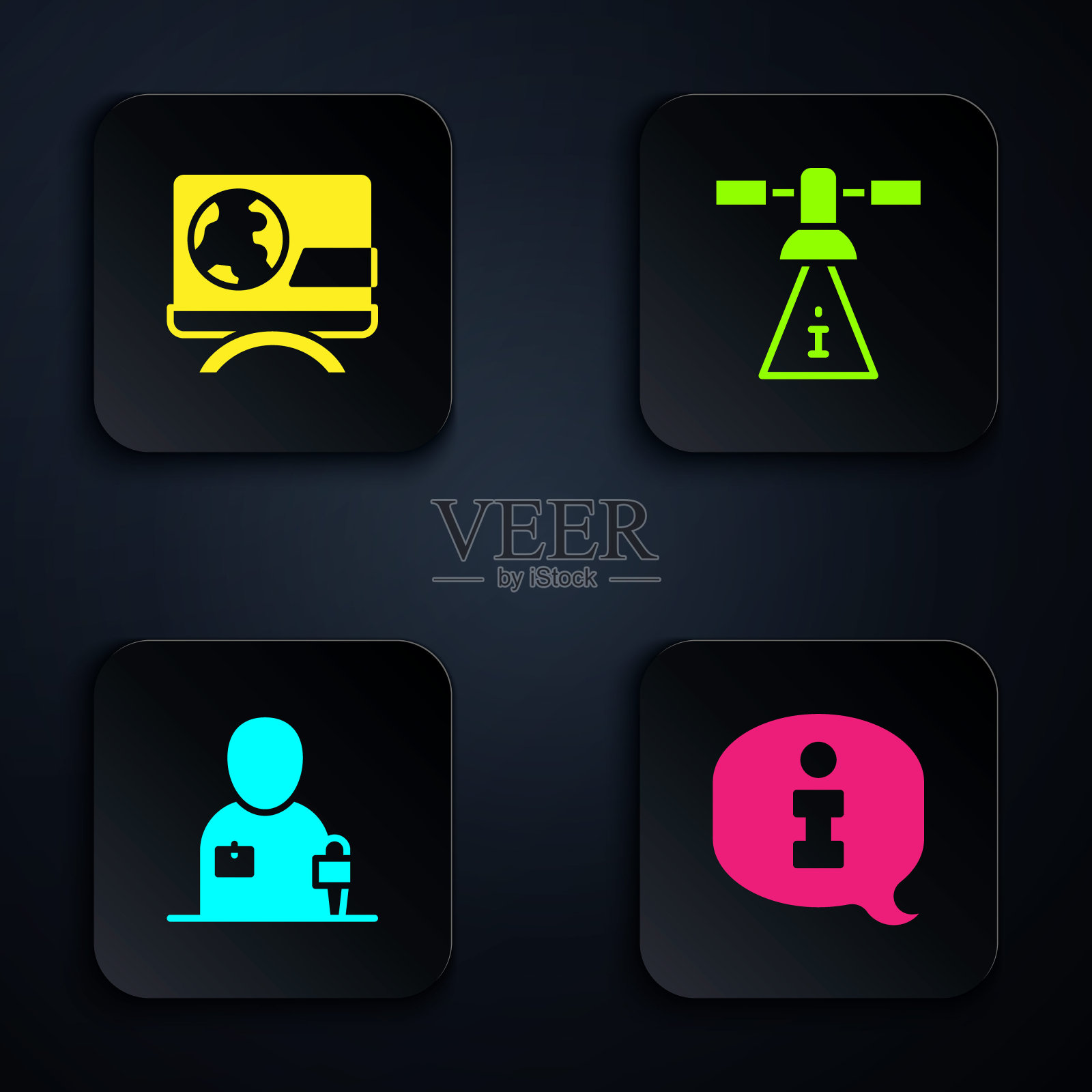 设置信息，突发新闻，记者和卫星。黑色方形按钮。向量插画图片素材