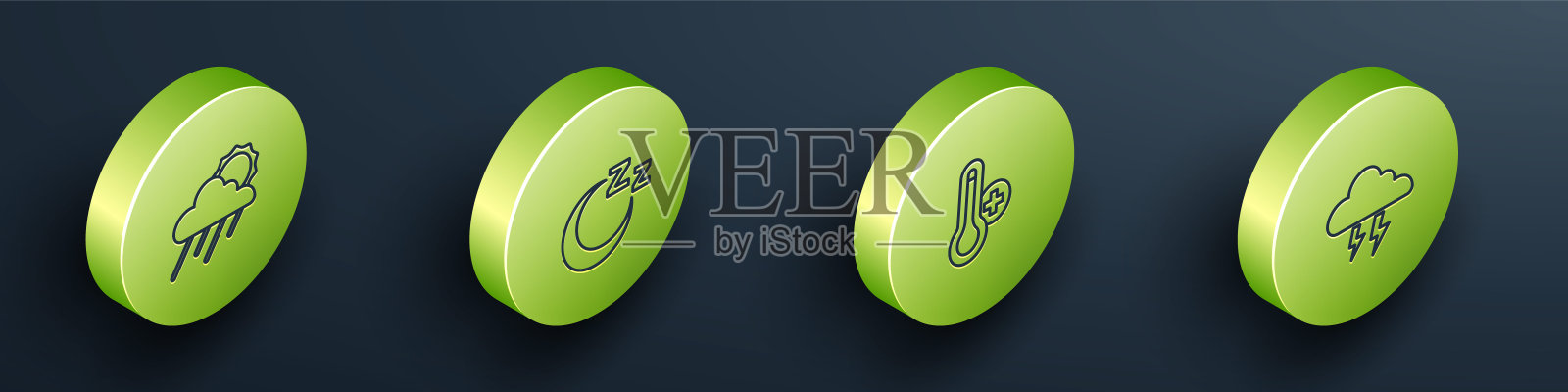 设置等距线云与雨和太阳，时间睡觉，气象温度计和风暴图标。向量图标素材