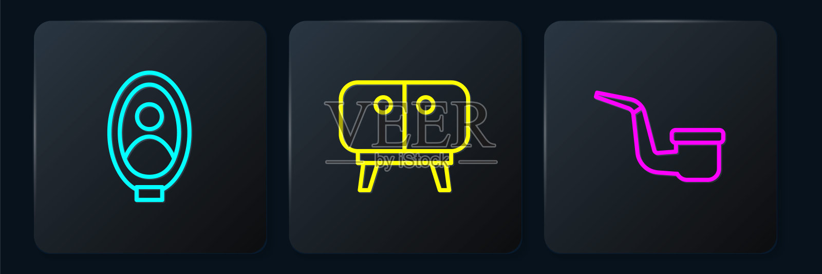 设线博物馆肖像画、烟筒、电视桌架。黑色方形按钮。向量插画图片素材