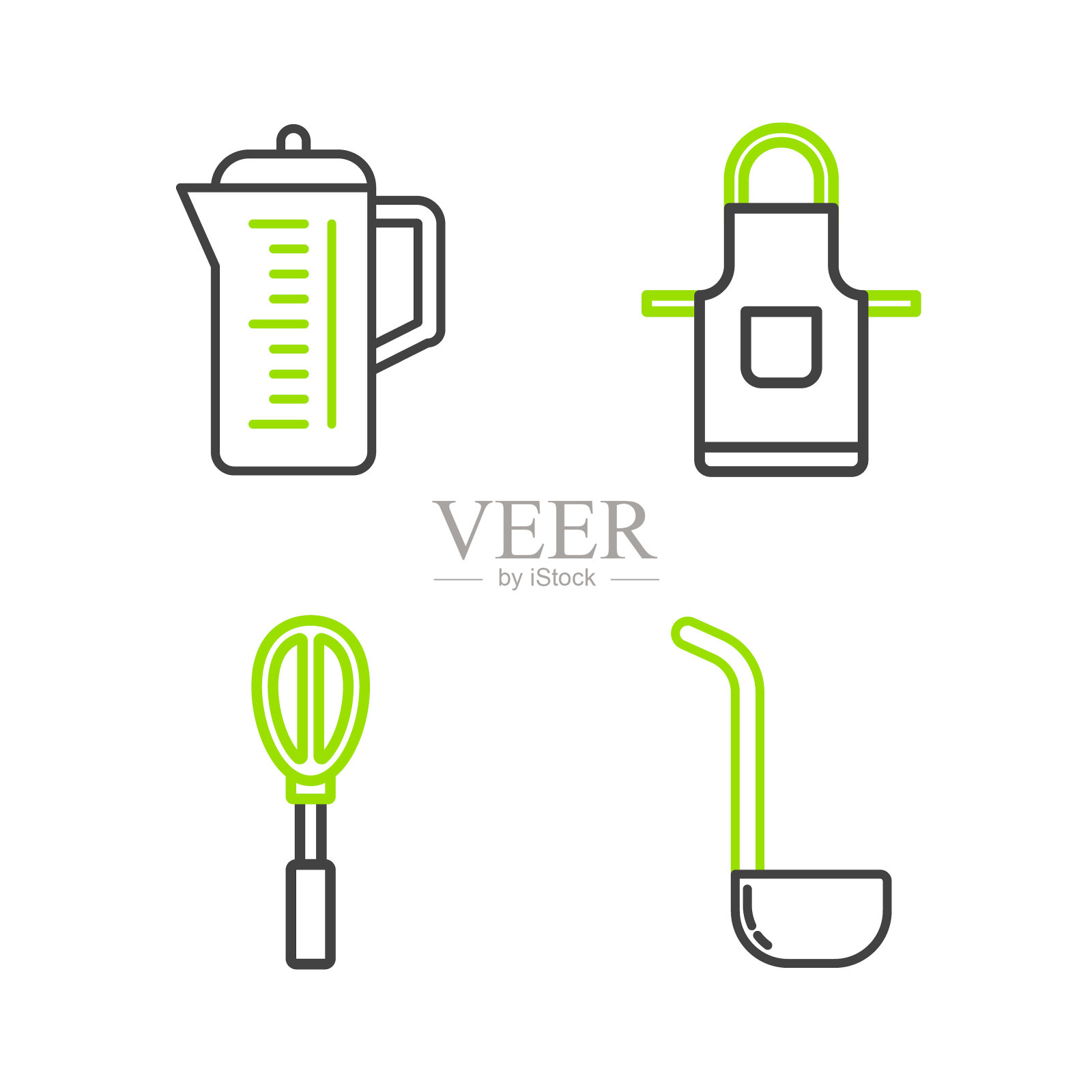 设置线厨房勺子，搅拌器，围裙和茶壶图标。向量插画图片素材