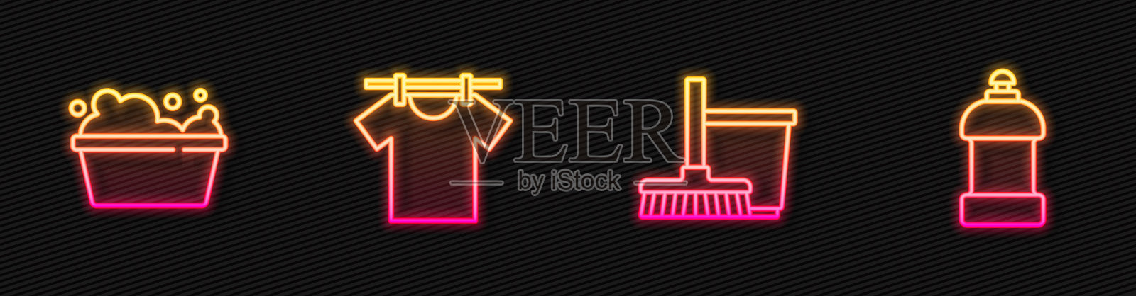 设置拖把和水桶，肥皂泡沫盆，干衣和清洁剂瓶。发光的霓虹灯图标。向量插画图片素材