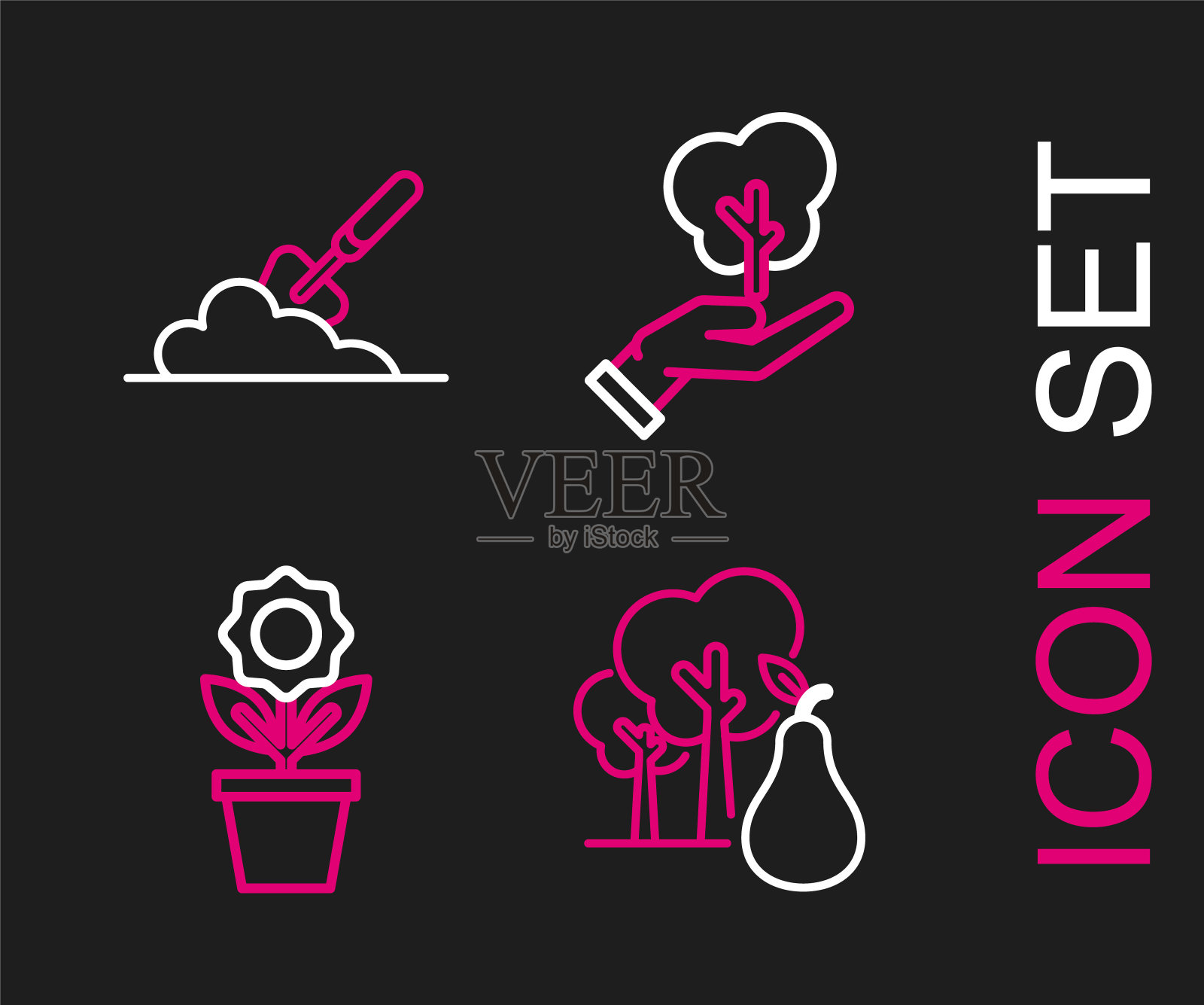 设线树带梨，花盆花，手用环保铲和花园铲或铲地面图标。向量图标素材