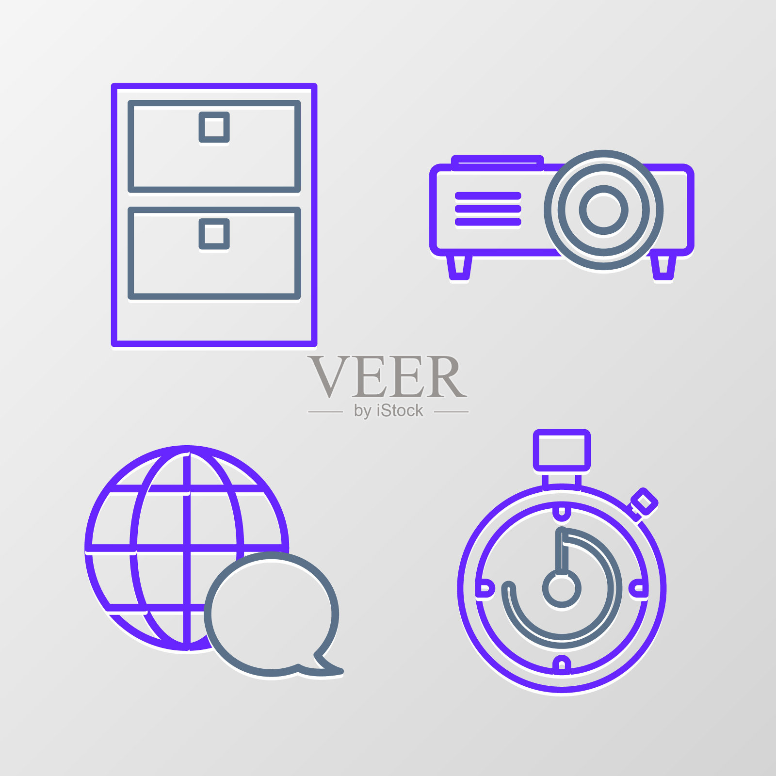 集线公文包，世界地图从演讲气泡，演示文稿，电影，电影，媒体投影仪和档案文件抽屉图标。向量图标素材