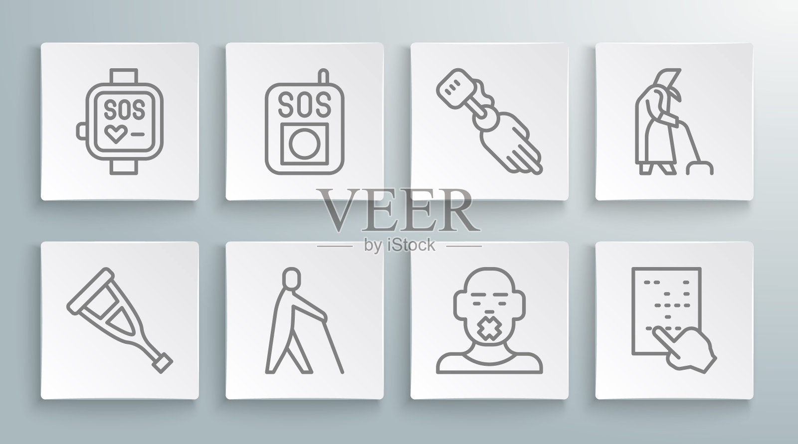 设置线拐杖或拐杖，按SOS按钮，盲人手持棒，聋哑人头，盲文，假肢手，祖母和智能手表图标。向量图标素材