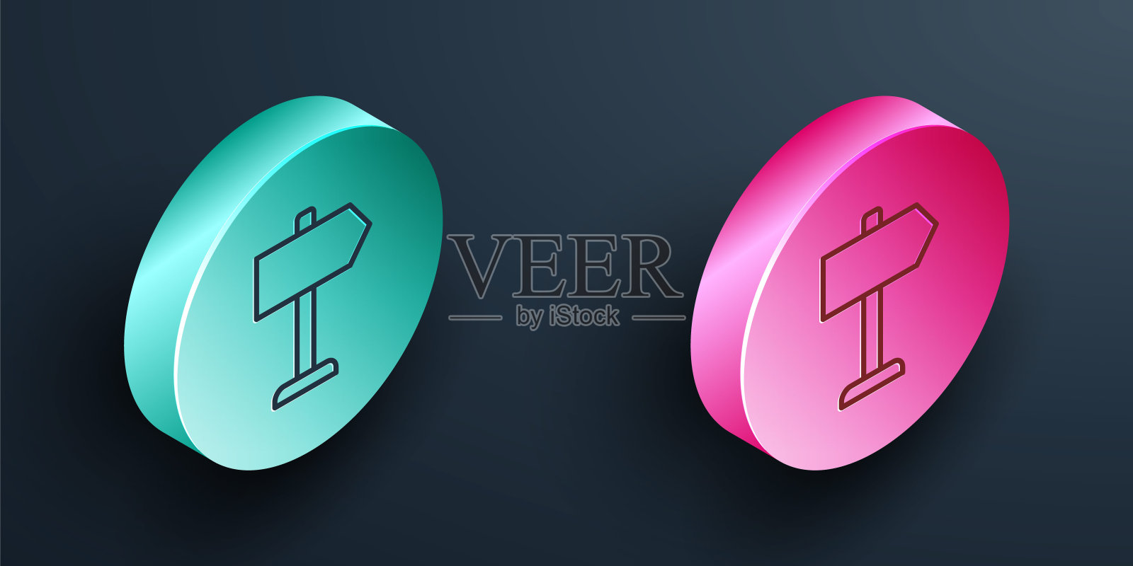 等距线道路交通标志。在黑色背景上孤立的路标图标。指针的象征。孤立的街道信息标志。方向的信号。绿松石和粉色圆形按钮。向量图标素材