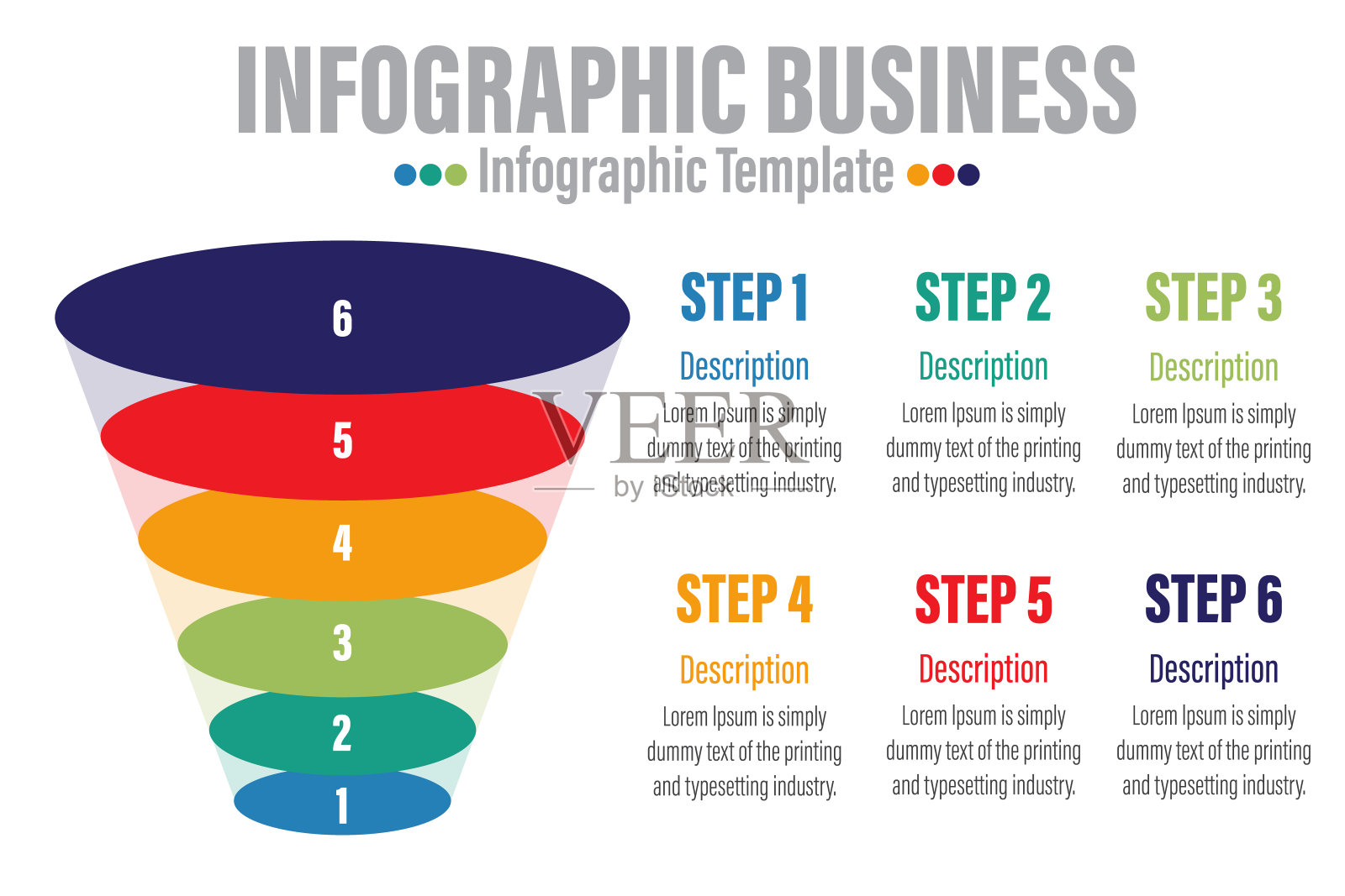 商务信息图模板步骤，6级现代漏斗图与百分比，呈现矢量信息图。设计模板素材