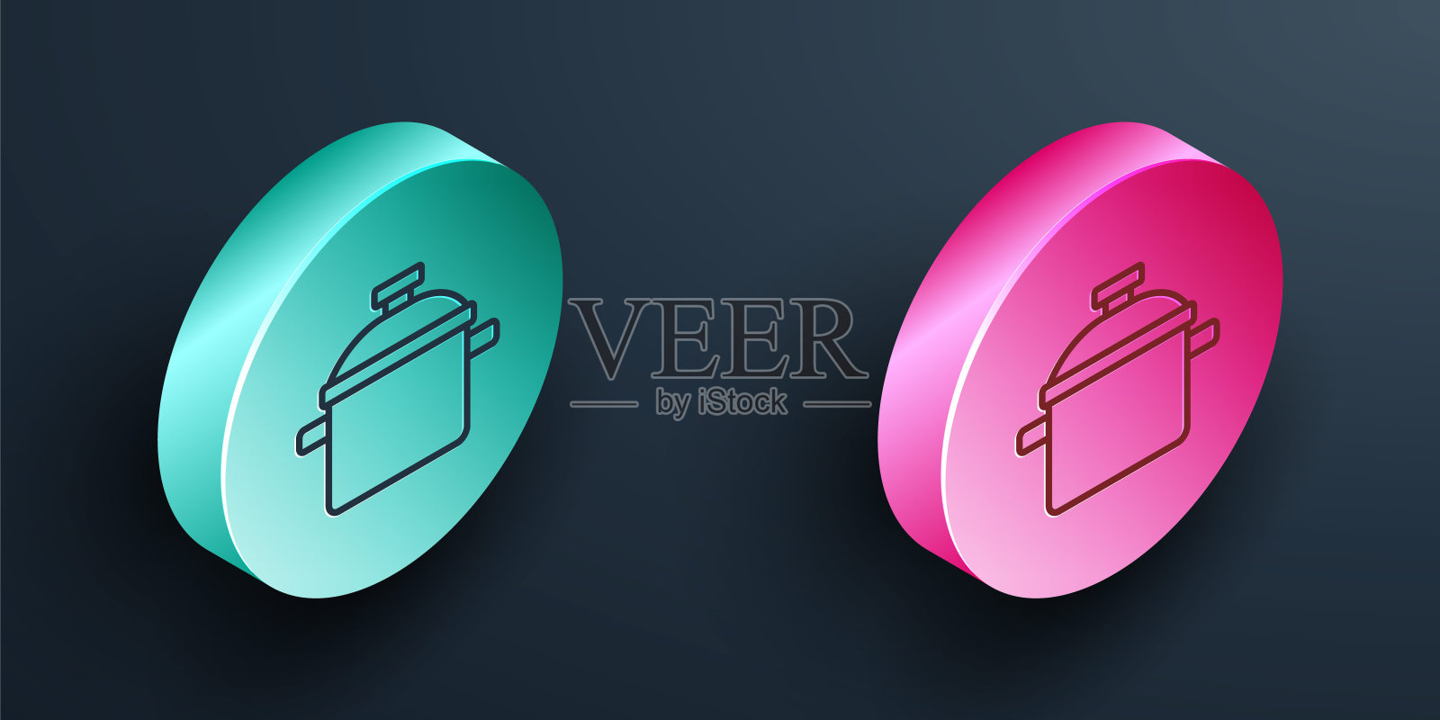 等距线烹饪锅图标孤立的黑色背景。煮或炖食物的标志。绿松石和粉色圆形按钮。向量图标素材