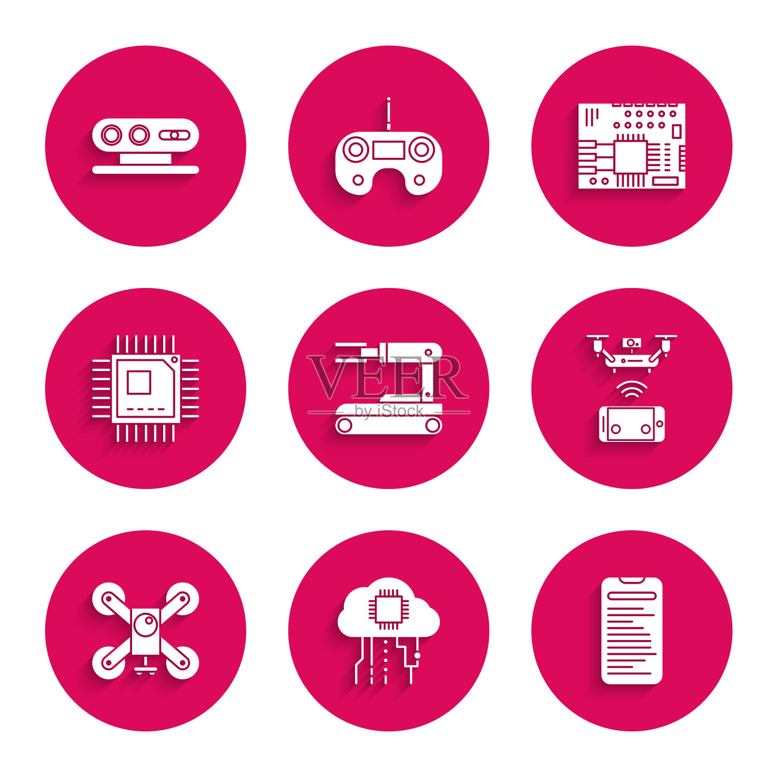 集机器人，物联网，计算机api接口，远程空中无人机，无人机飞行与运动相机，处理器微电路CPU，印制板PCB和3d扫描系统图标。向量图标素材