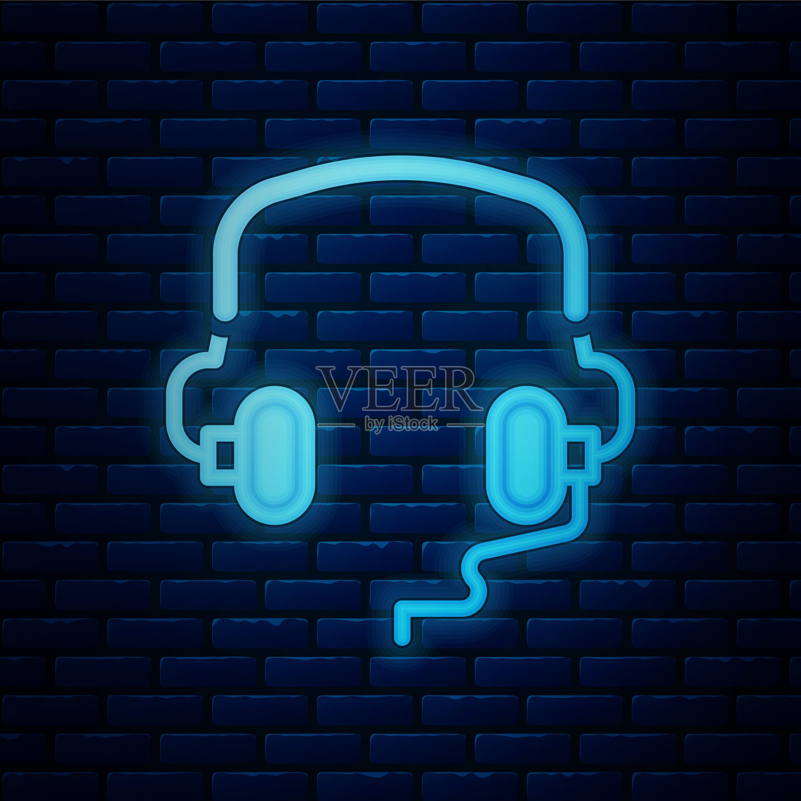 发光的霓虹灯耳机图标孤立的砖墙背景。耳机。听音乐、服务、沟通、运营商的概念。向量插画图片素材