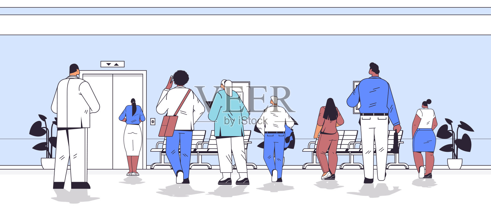 站在摄像机后面的商务人士在办公室走廊里等电梯插画图片素材