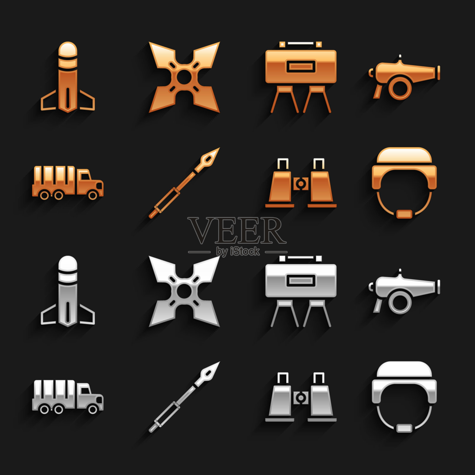 集中世纪矛，大炮，军事头盔，双筒望远镜，卡车，地雷，火箭和日本忍者神龙图标。向量图标素材