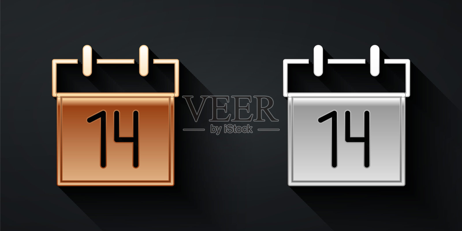 金色和银色日历图标孤立的黑色背景。事件提醒符号。长影式。向量插画图片素材