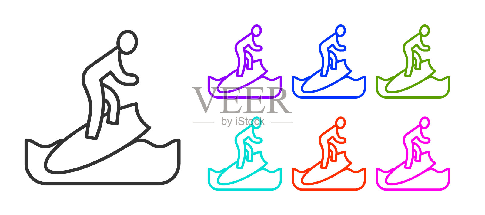 黑线冲浪板图标孤立在白色背景。冲浪板。极限运动。运动设备。设置图标彩色。向量图标素材