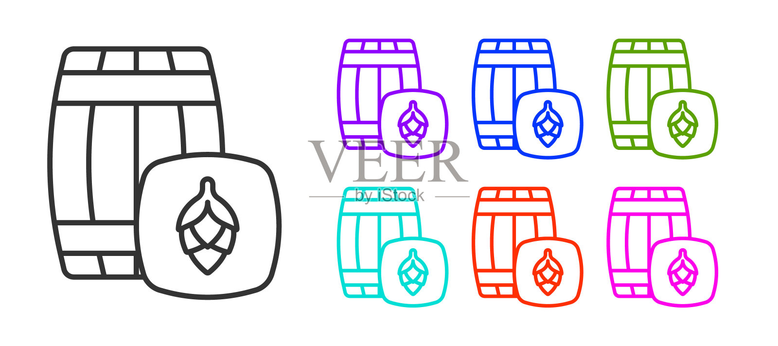 黑线木桶图标孤立在白色背景。酒桶，饮料容器，啤酒，威士忌，葡萄酒木桶。设置图标彩色。向量插画图片素材