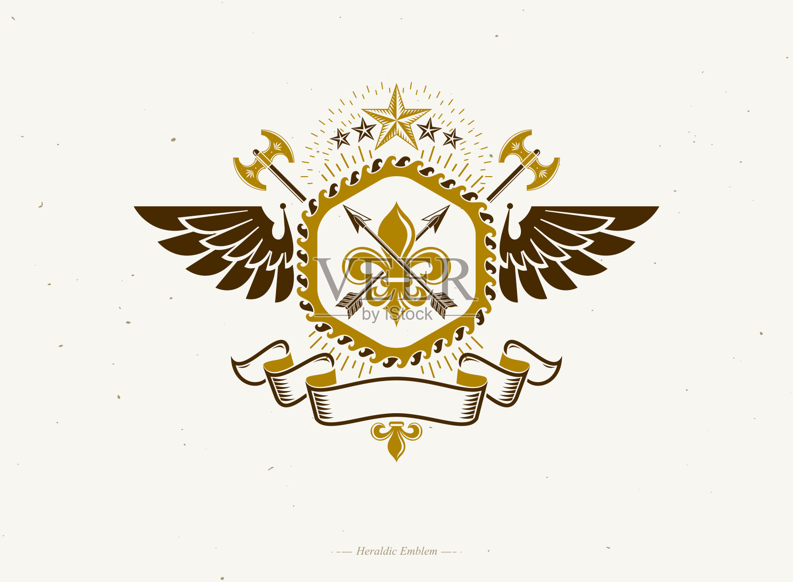 纹章纹章采用复古设计，纹章上有翅膀、斧头和五角星插画图片素材