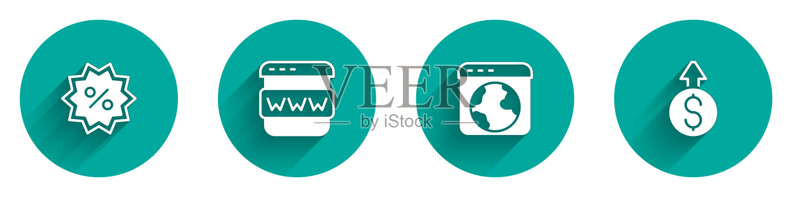 设置折扣百分比标签，浏览器窗口，全球和金融增长美元图标长阴影。向量图标素材