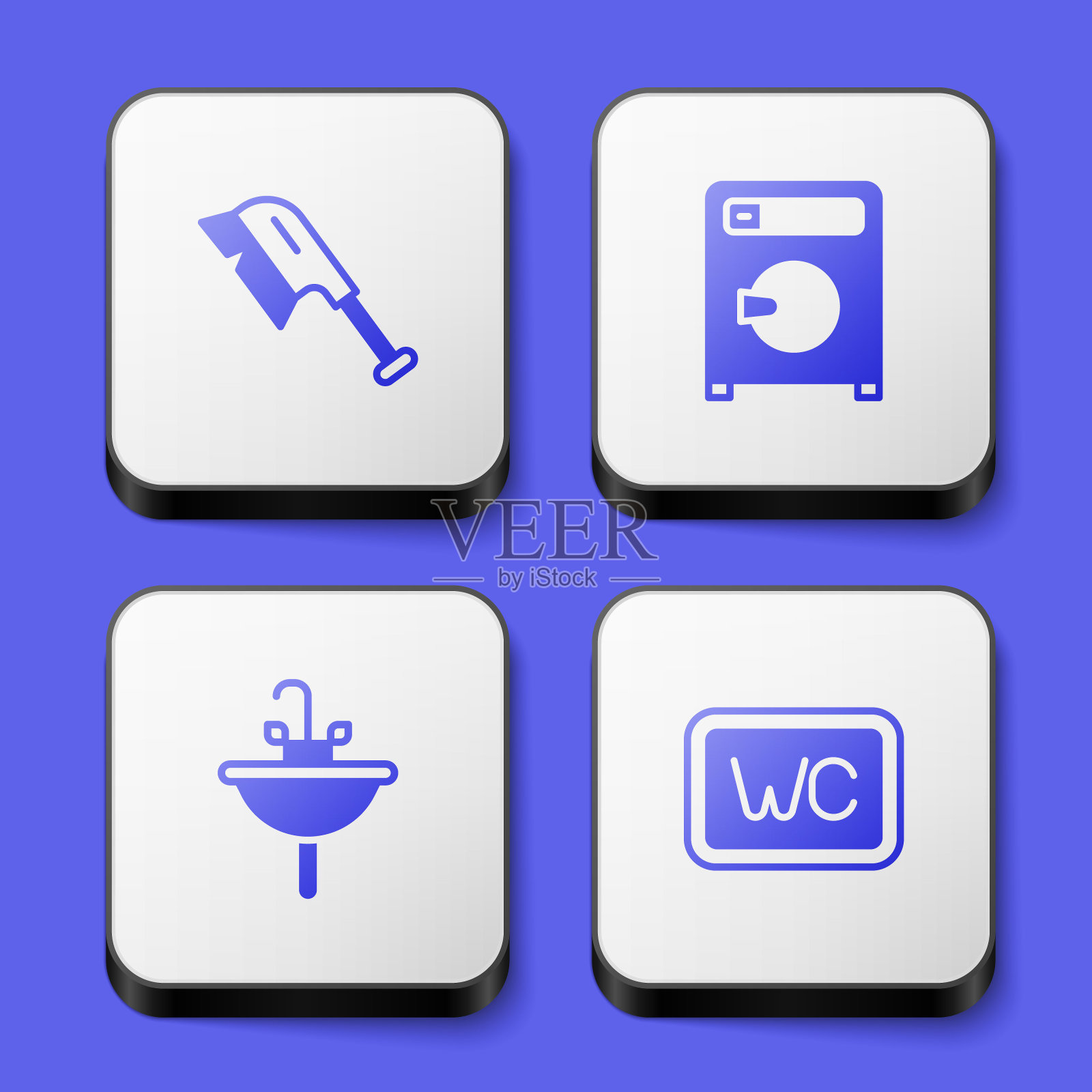 设置清洁刷，洗衣机，脸盆和厕所图标。白色方形按钮。向量图标素材