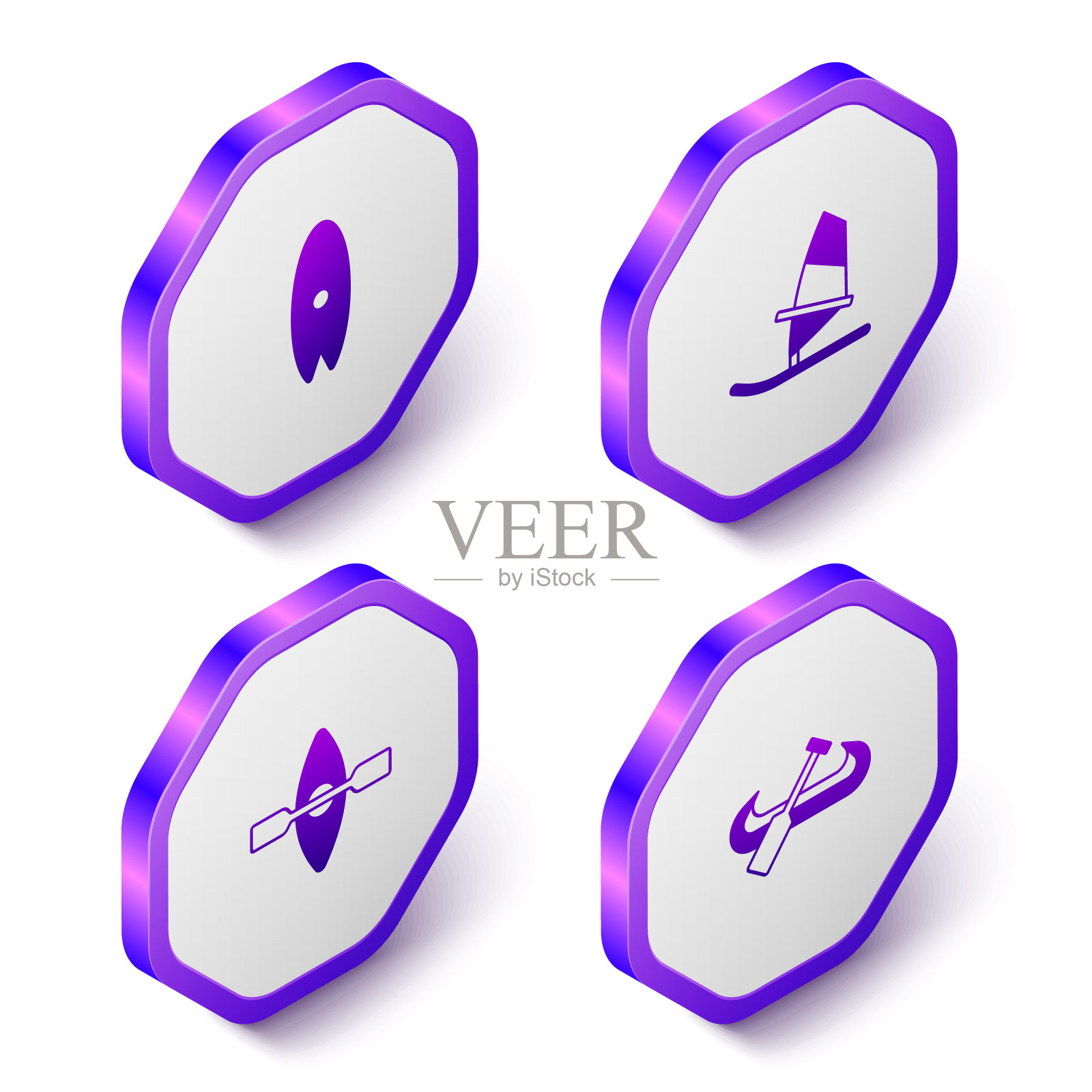 设置等距冲浪板，风帆冲浪，皮划艇和划桨和图标。紫色六边形按钮。向量图标素材