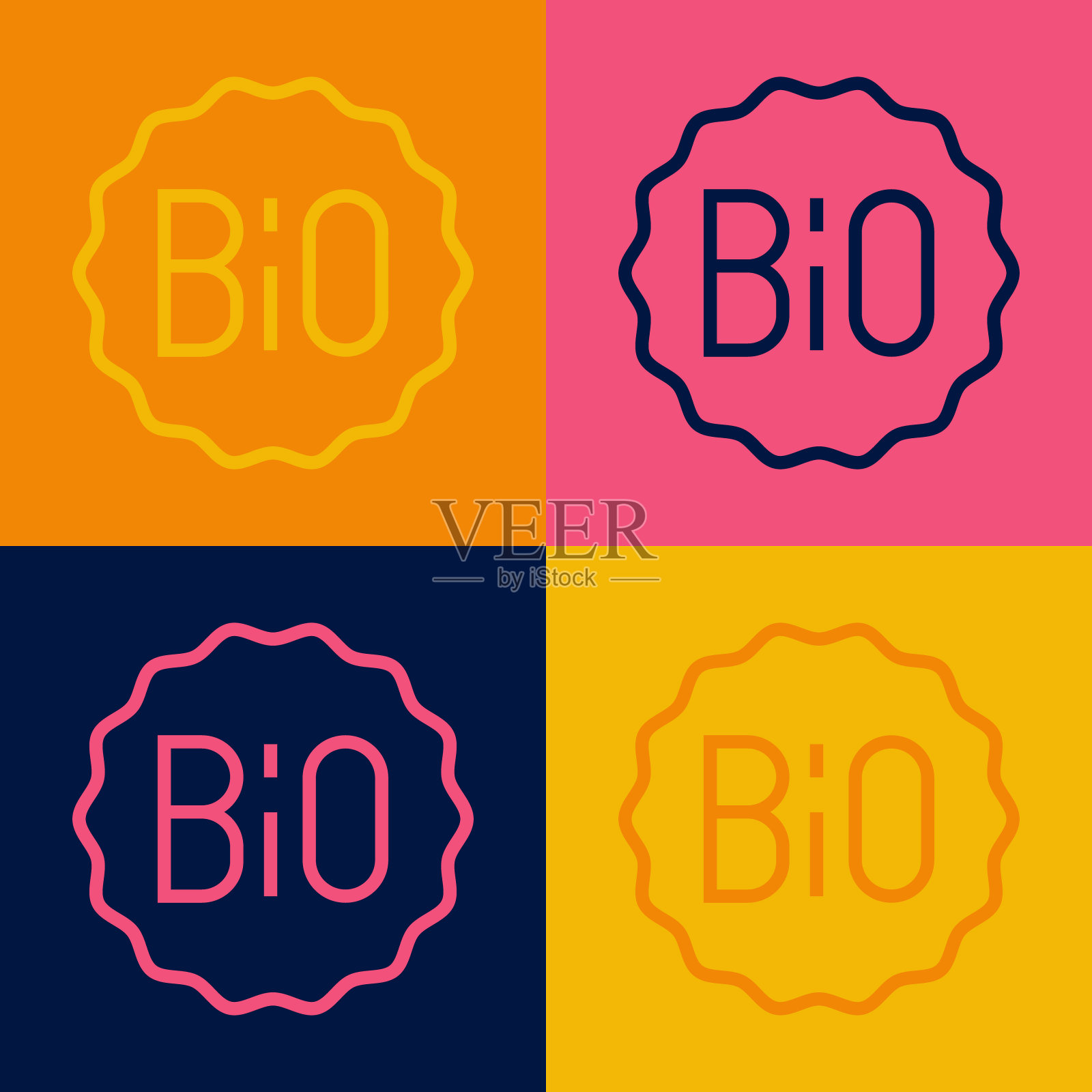 流行艺术线横幅，标签，标签，标志为生物绿色健康食品图标孤立的彩色背景。有机产品。健康食品标签。向量插画图片素材